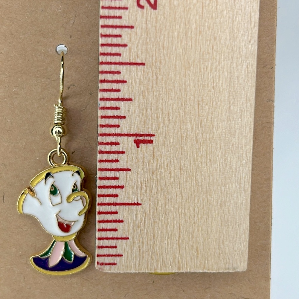 18k Gold Platted Hook Beauty and The Beast Chip Dangle Earrings - Picture 2 of 2